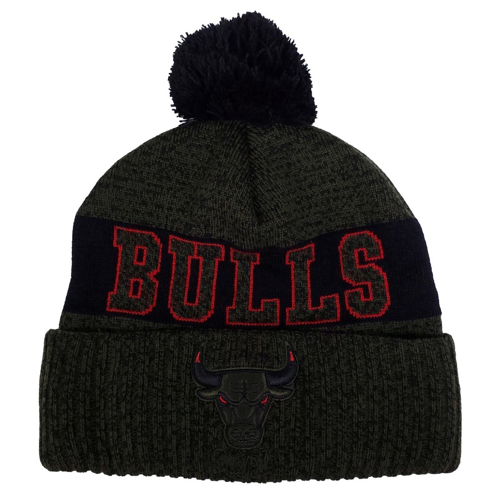 Chicago Bulls Mitchell & Ness NBA Cuff Knit Hat Pom Cap 3D Logo Dark Olive New